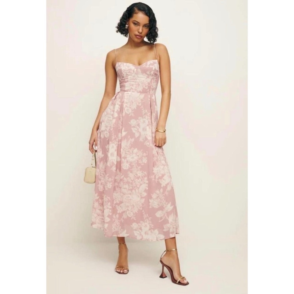 Reformation Jaelyn Dress Midi Pink Floral Cafe Sweetheart Slit Size 12